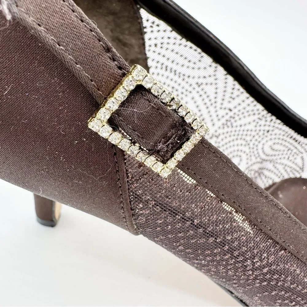 Women's Nina Cocoa Brown Sheer Glitter Satin Formal Pumps Heels Shoes size 8M‎